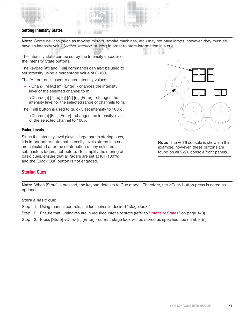 Setting intensity states, Fader levels, Storing cues | Setting intensity states fader levels, Active, Marked, Zero | PRG Vx76 User Manual 3.6 User Manual | Page 157 / 418