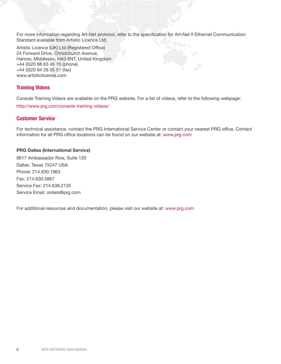 Training videos, Customer service, Training videos customer service | PRG Vx76 User Manual 3.6 User Manual | Page 18 / 418