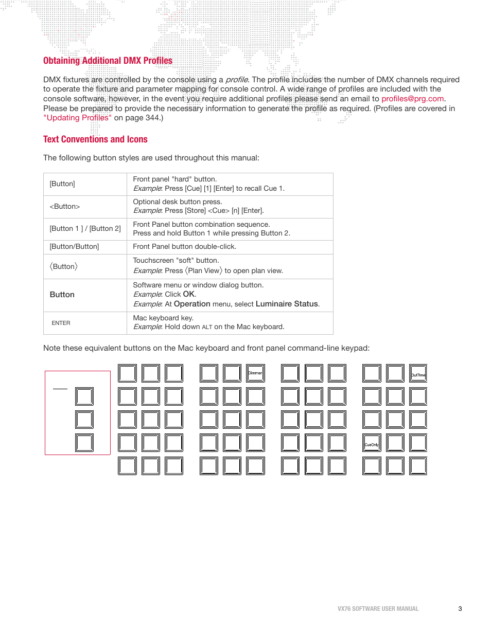 Obtaining additional dmx profiles, Text conventions and icons, Profile | Dmx fixtures are controlled by the console using a, Button, Operation, Luminaire status | PRG Vx76 User Manual 3.6 User Manual | Page 19 / 418