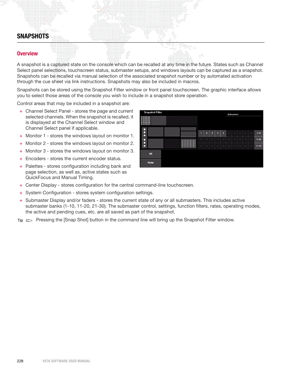 Snapshots, Overview | PRG Vx76 User Manual 3.6 User Manual | Page 244 / 418