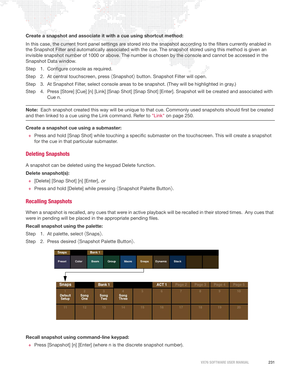 Deleting snapshots, Recalling snapshots, Deleting snapshots recalling snapshots | PRG Vx76 User Manual 3.6 User Manual | Page 247 / 418