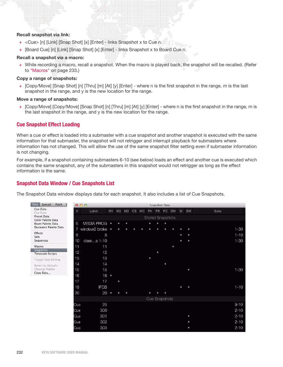 Cue snapshot effect loading, Snapshot data window / cue snapshots list | PRG Vx76 User Manual 3.6 User Manual | Page 248 / 418