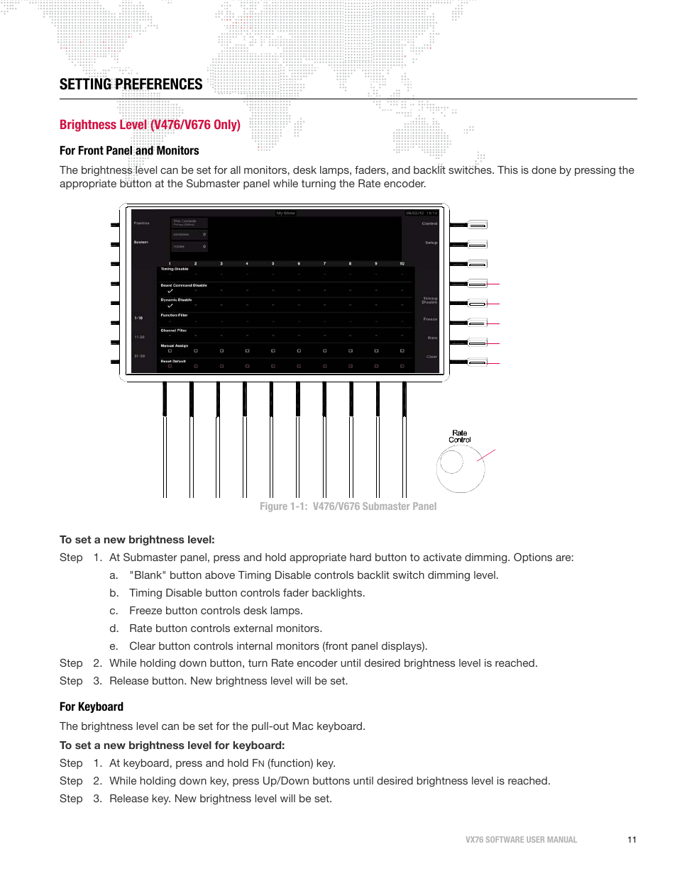 Setting preferences, Brightness level (v476/v676 only), For front panel and monitors | For keyboard, For front panel and monitors for keyboard | PRG Vx76 User Manual 3.6 User Manual | Page 27 / 418