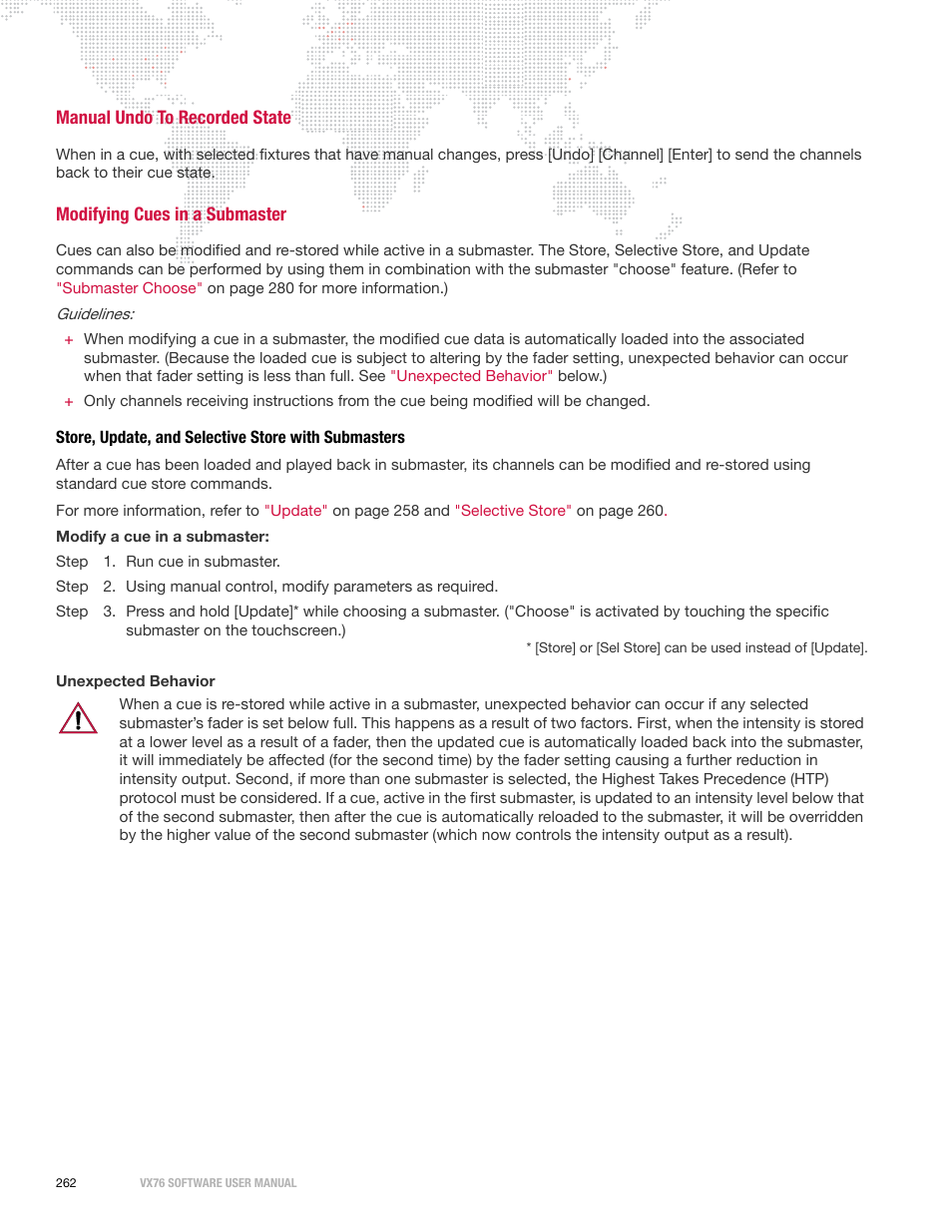 Manual undo to recorded state, Modifying cues in a submaster, Store, update, and selective store with submasters | PRG Vx76 User Manual 3.6 User Manual | Page 278 / 418