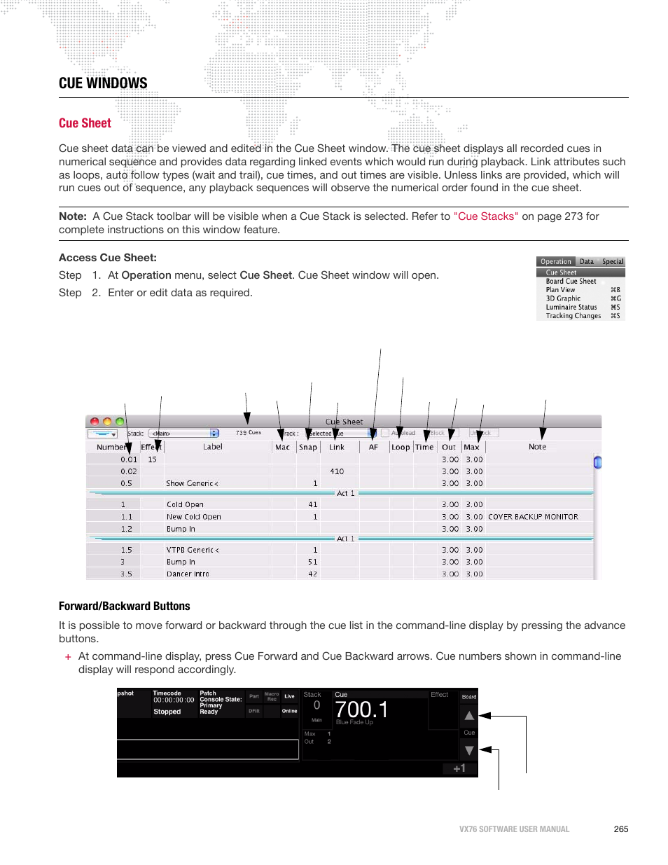 Cue windows, Cue sheet, Forward/backward buttons | PRG Vx76 User Manual 3.6 User Manual | Page 281 / 418