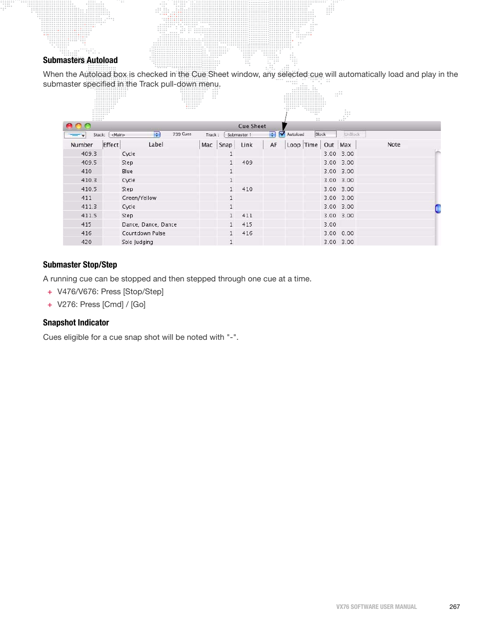Submasters autoload, Submaster stop/step, Snapshot indicator | PRG Vx76 User Manual 3.6 User Manual | Page 283 / 418