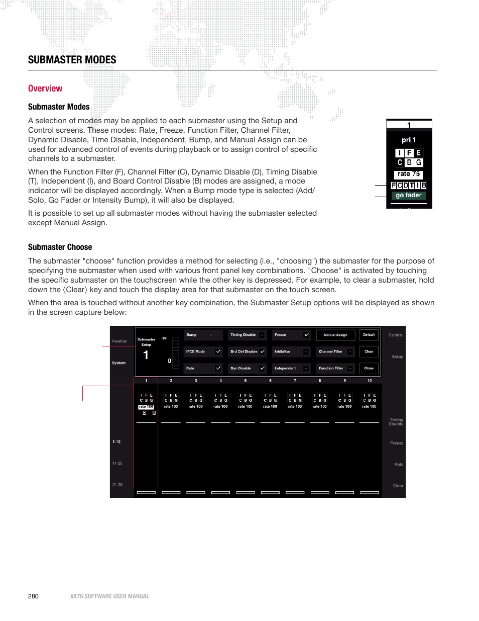 Submaster modes, Overview, Submaster choose | Submaster modes submaster choose | PRG Vx76 User Manual 3.6 User Manual | Page 296 / 418