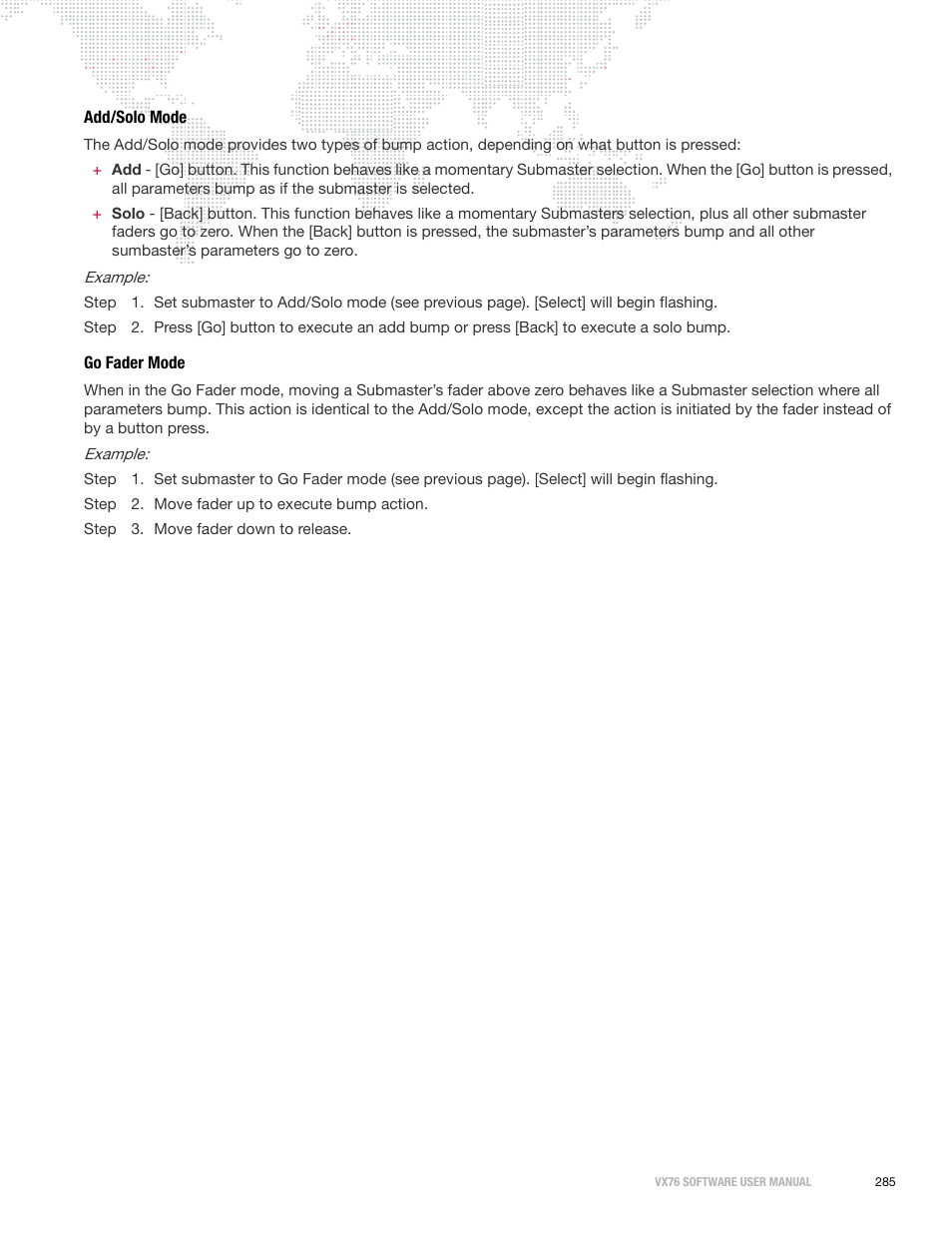 Add/solo mode, Go fader mode, Add/solo mode go fader mode | PRG Vx76 User Manual 3.6 User Manual | Page 301 / 418