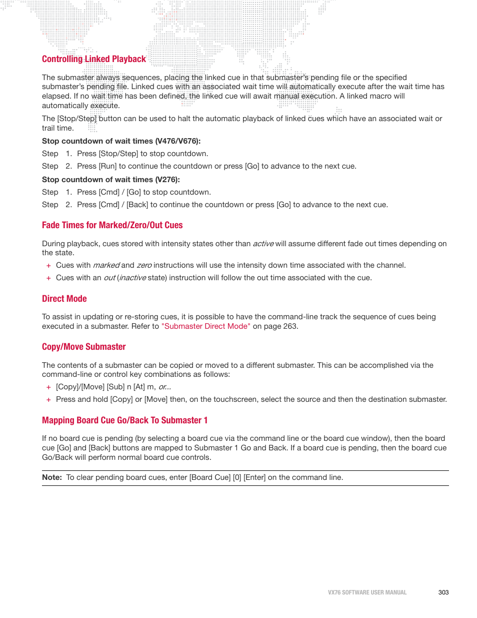 Controlling linked playback, Fade times for marked/zero/out cues, Direct mode | Copy/move submaster, Mapping board cue go/back to submaster 1 | PRG Vx76 User Manual 3.6 User Manual | Page 319 / 418