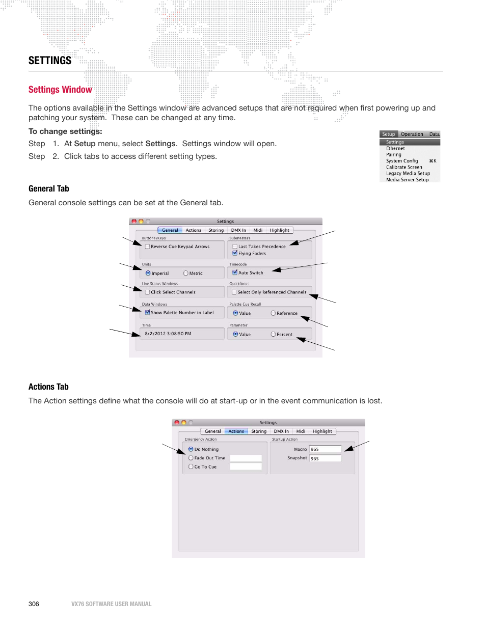 Settings, Settings window, General tab | Actions tab, General tab actions tab, Window | PRG Vx76 User Manual 3.6 User Manual | Page 322 / 418