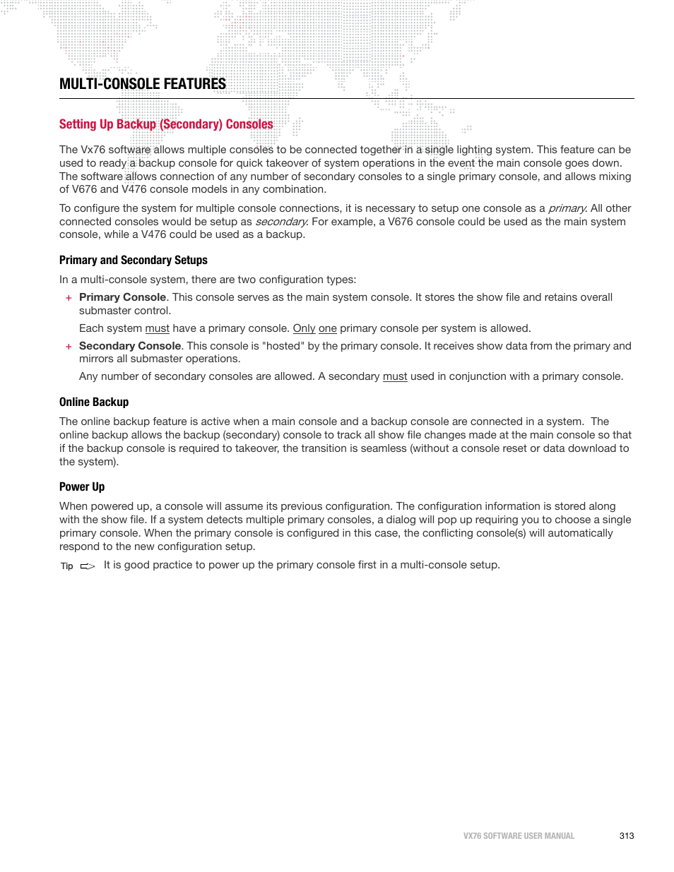 Multi-console features, Setting up backup (secondary) consoles, Primary and secondary setups | Online backup, Power up | PRG Vx76 User Manual 3.6 User Manual | Page 329 / 418