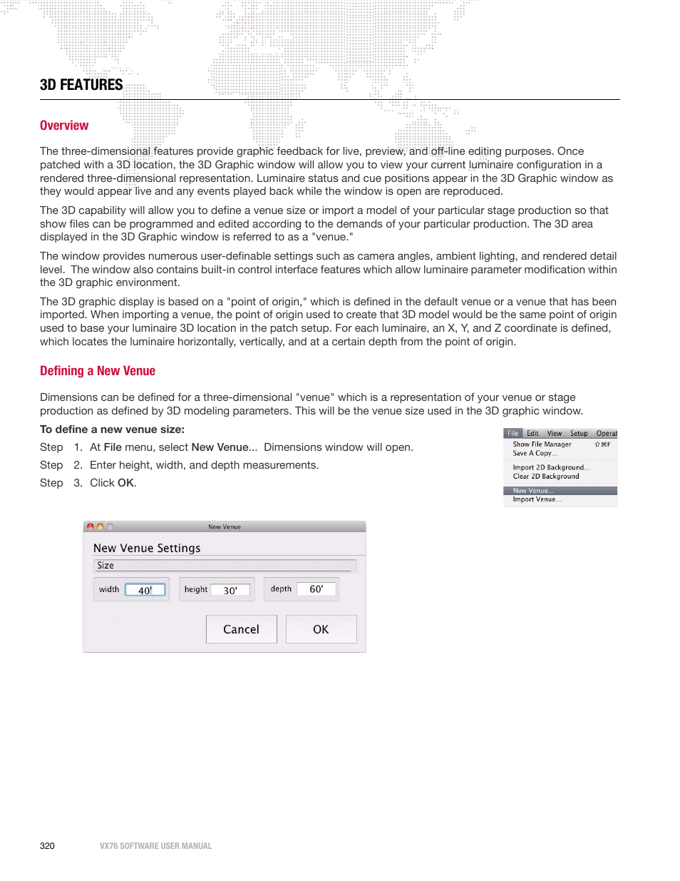 3d features, Overview, Defining a new venue | Overview defining a new venue | PRG Vx76 User Manual 3.6 User Manual | Page 336 / 418