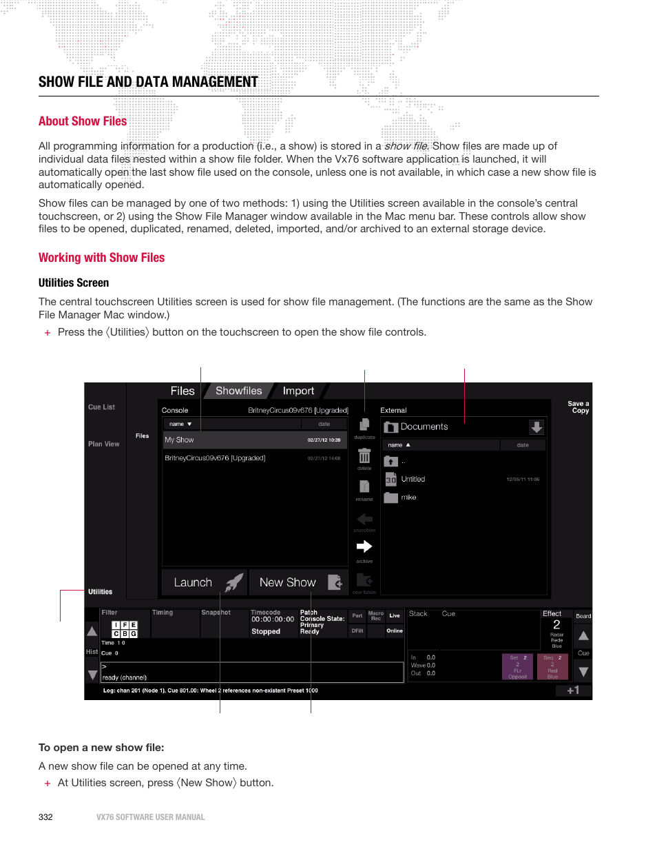 Show file and data management, About show files, Working with show files | Utilities screen, About show files working with show files | PRG Vx76 User Manual 3.6 User Manual | Page 348 / 418