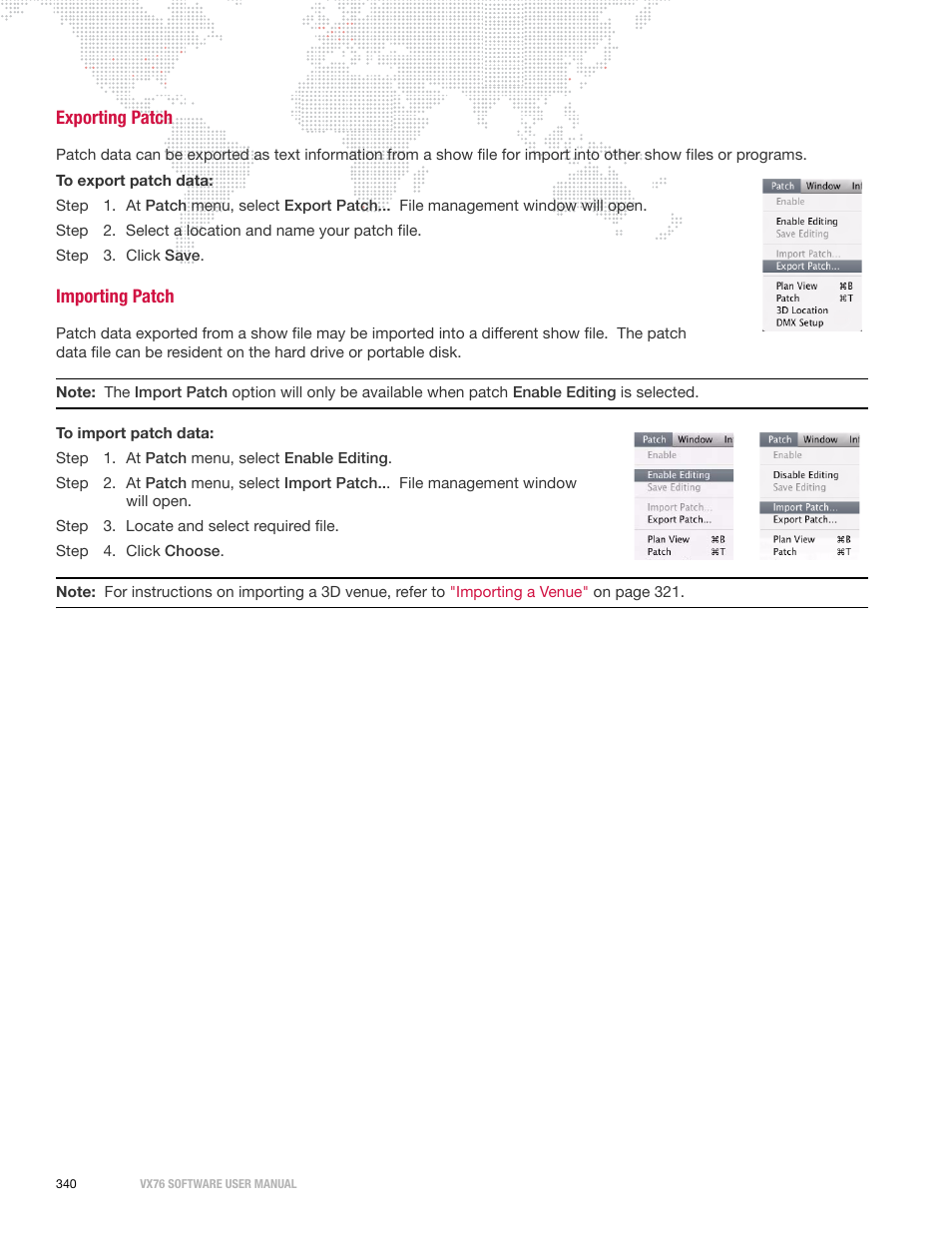 Exporting patch, Importing patch, Exporting patch importing patch | PRG Vx76 User Manual 3.6 User Manual | Page 356 / 418