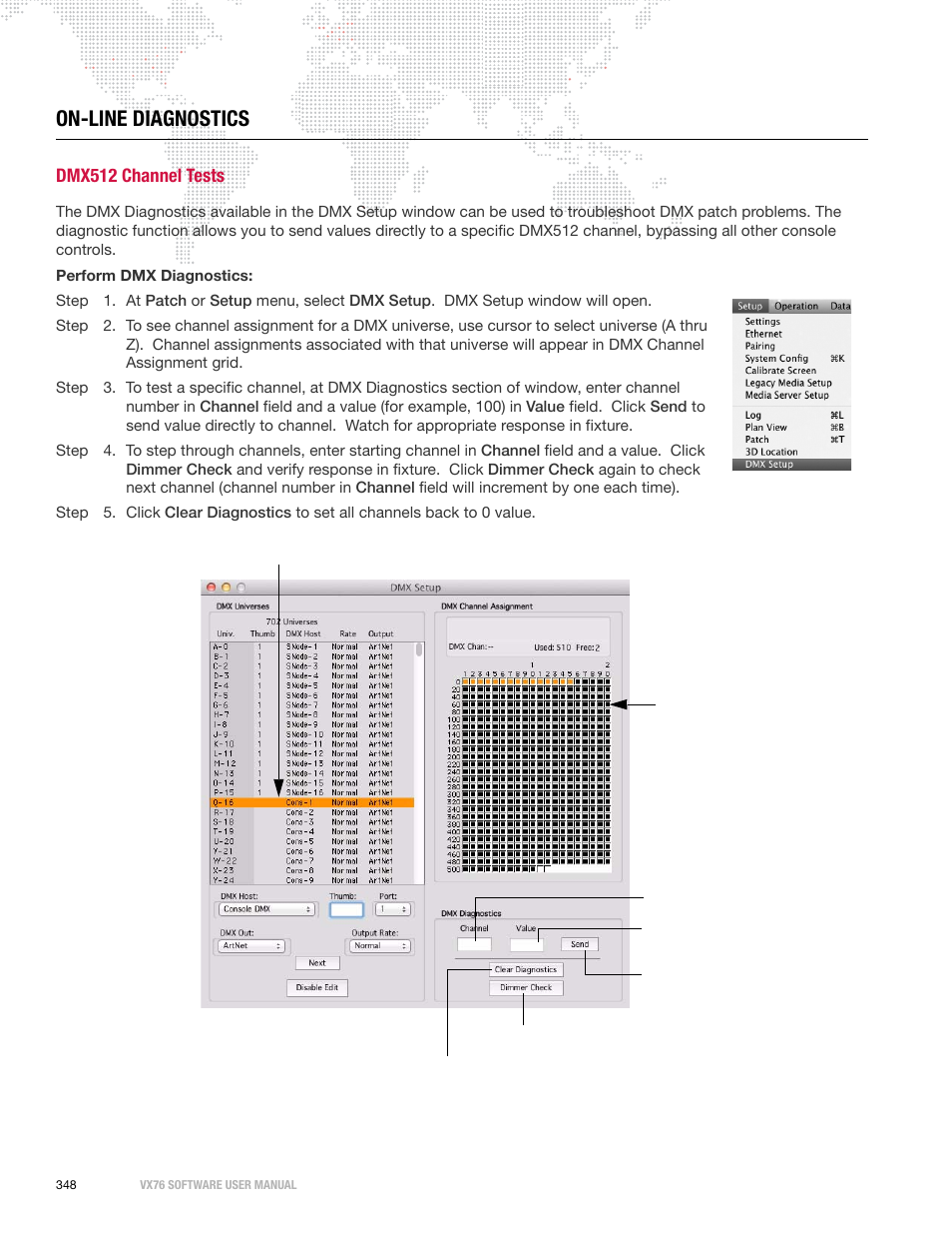 On-line diagnostics, Dmx512 channel tests | PRG Vx76 User Manual 3.6 User Manual | Page 364 / 418