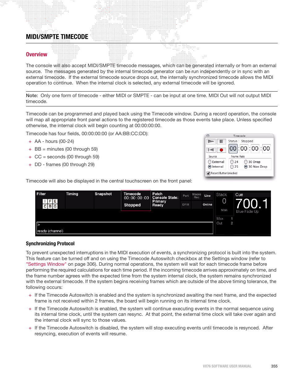 Midi/smpte timecode, Overview, Synchronizing protocol | PRG Vx76 User Manual 3.6 User Manual | Page 371 / 418