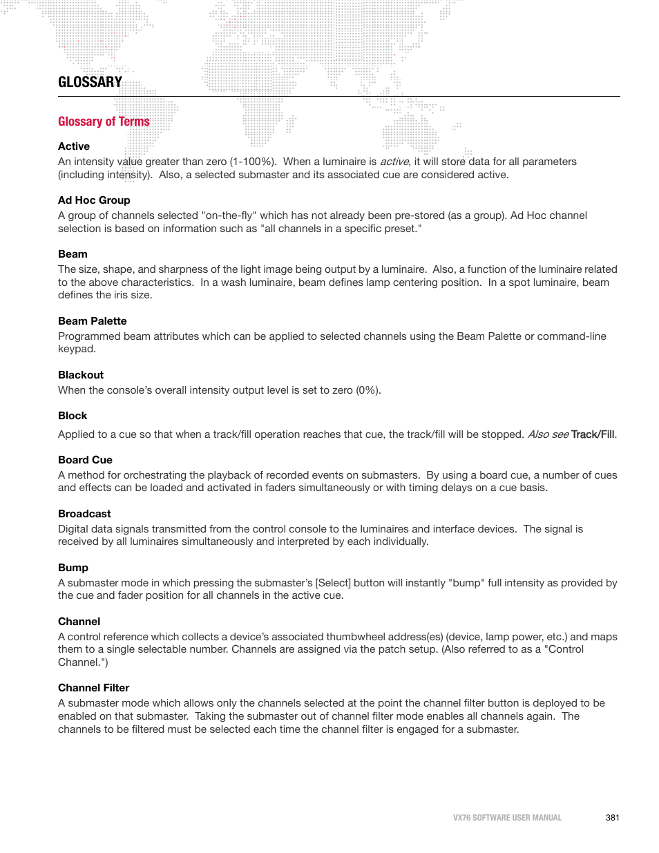 Glossary, Glossary of terms | PRG Vx76 User Manual 3.6 User Manual | Page 397 / 418