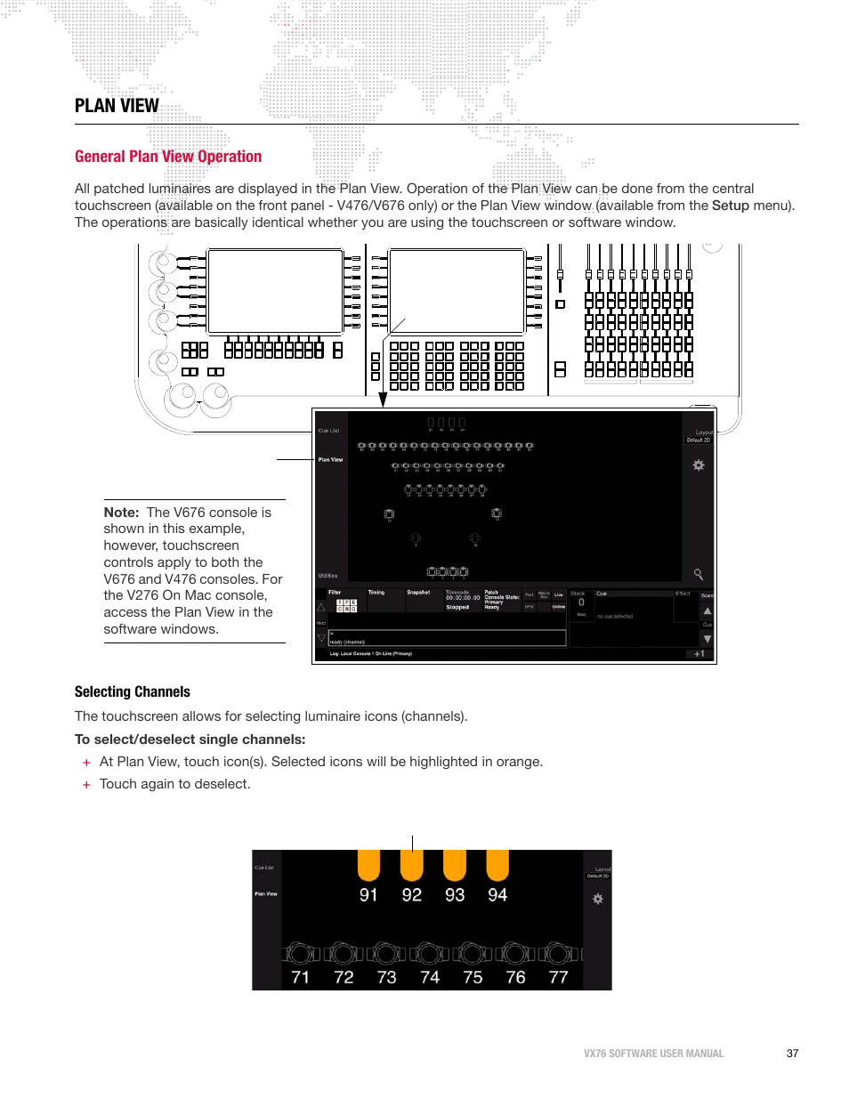 Plan view, General plan view operation, Selecting channels | PRG Vx76 User Manual 3.6 User Manual | Page 53 / 418