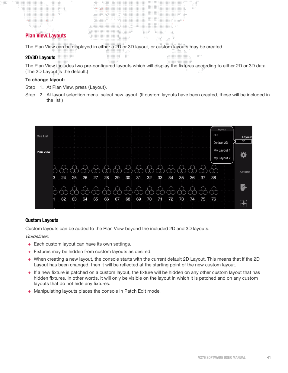 Plan view layouts, 2d/3d layouts, Custom layouts | 2d/3d layouts custom layouts | PRG Vx76 User Manual 3.6 User Manual | Page 57 / 418