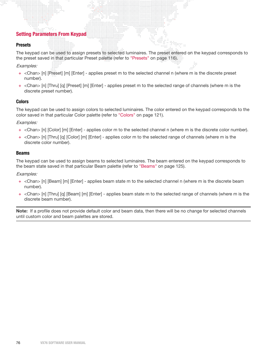 Setting parameters from keypad, Presets, Colors | Beams, Colors beams | PRG Vx76 User Manual 3.6 User Manual | Page 92 / 418