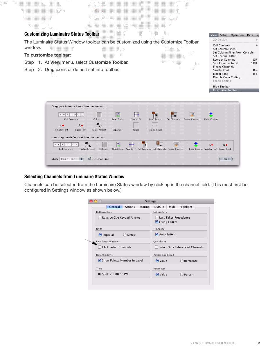 Customizing luminaire status toolbar, Selecting channels from luminaire status window | PRG Vx76 User Manual 3.6 User Manual | Page 97 / 418