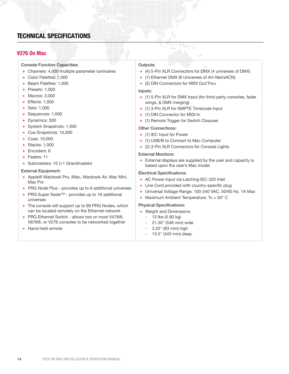 Technical specifications, V276 on mac | PRG V276 Installation & Operation Manual User Manual | Page 24 / 28