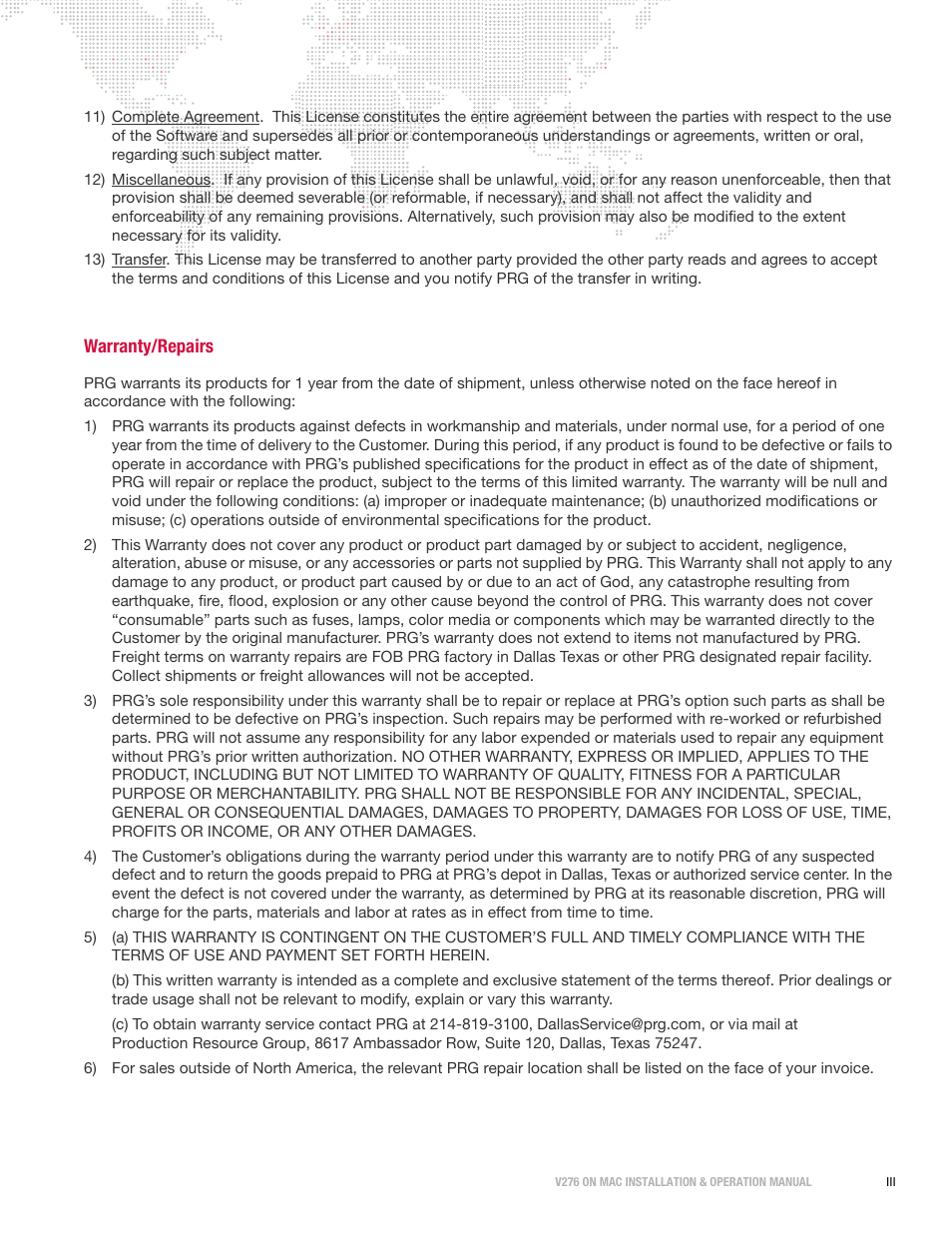 Warranty/repairs | PRG V276 Installation & Operation Manual User Manual | Page 5 / 28