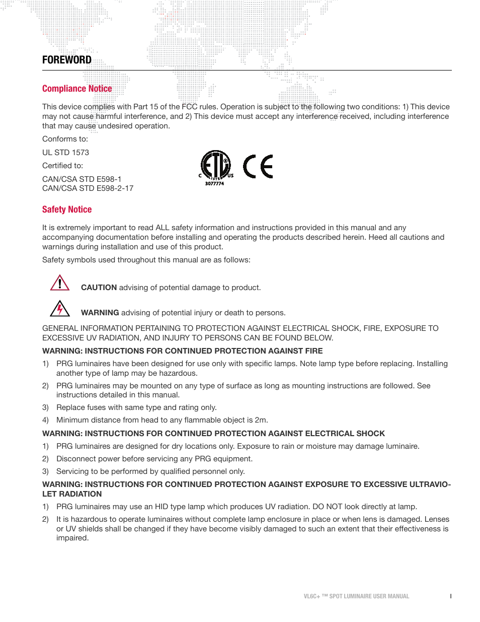 Foreword, Compliance notice, Safety notice | PRG VL6C+ User Manual | Page 3 / 70