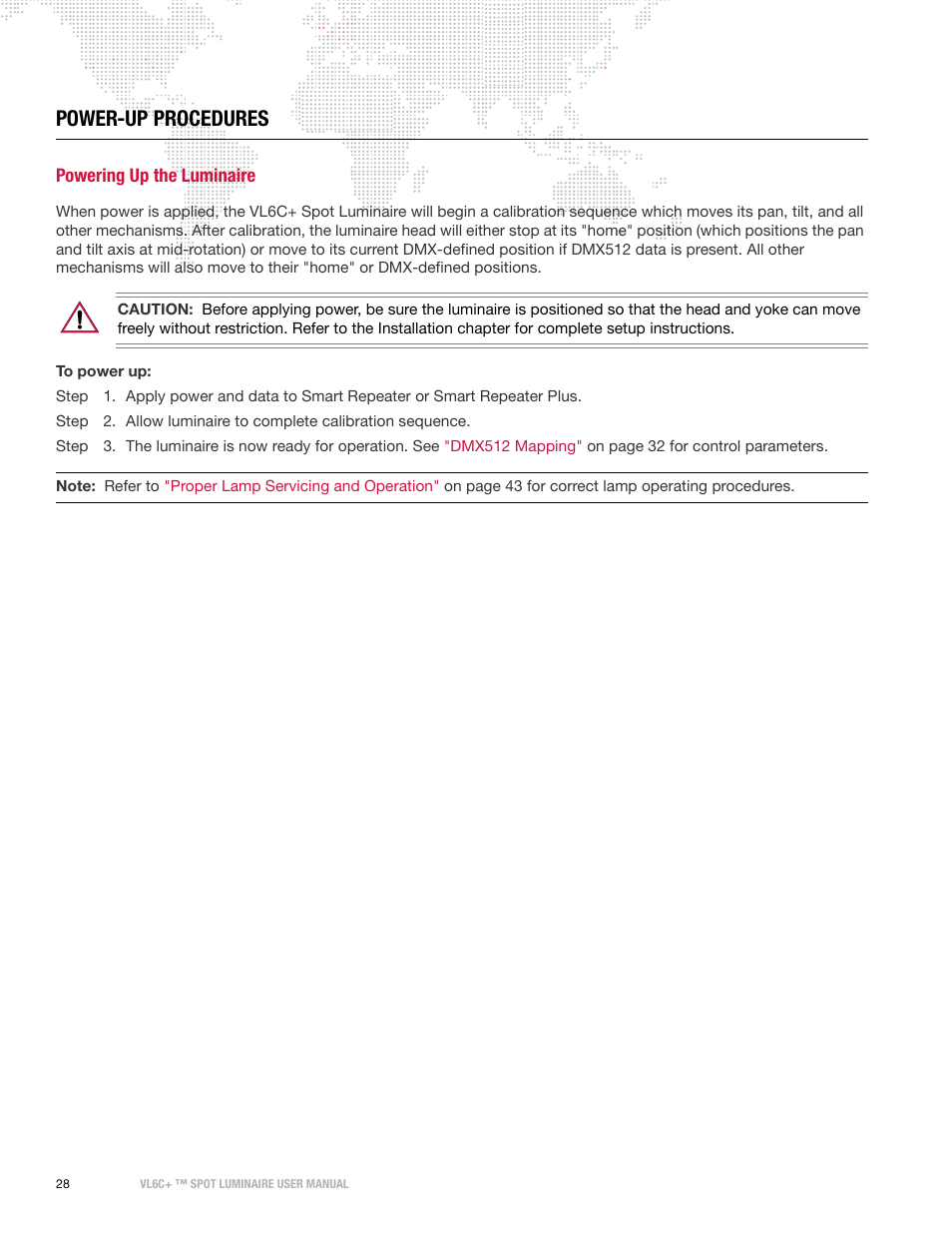 Power-up procedures, Powering up the luminaire | PRG VL6C+ User Manual | Page 36 / 70
