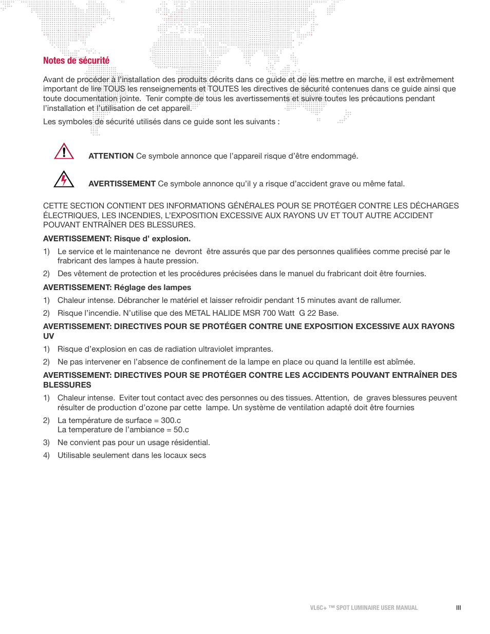 Notes de sécurité | PRG VL6C+ User Manual | Page 5 / 70