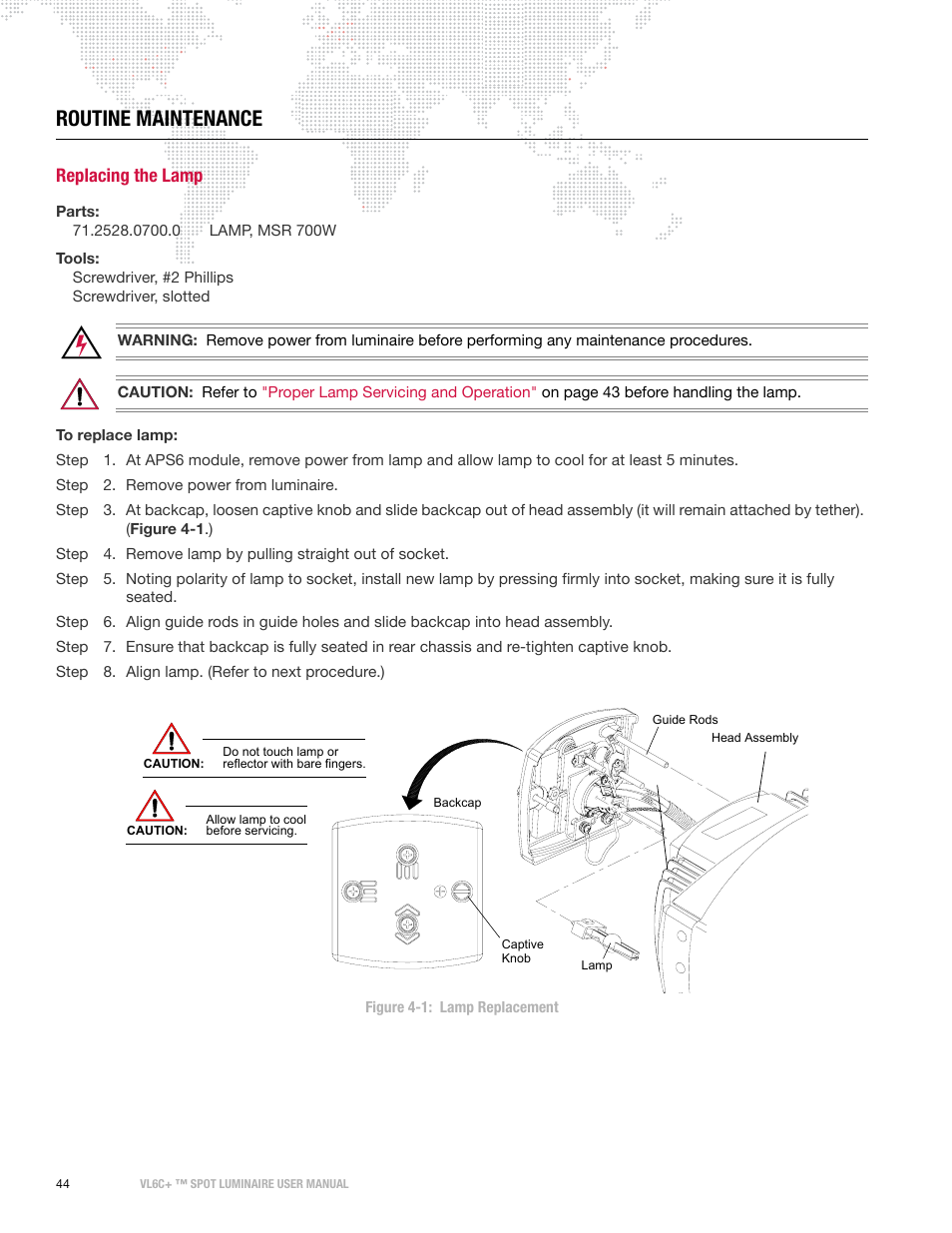 Routine maintenance, Replacing the lamp | PRG VL6C+ User Manual | Page 52 / 70