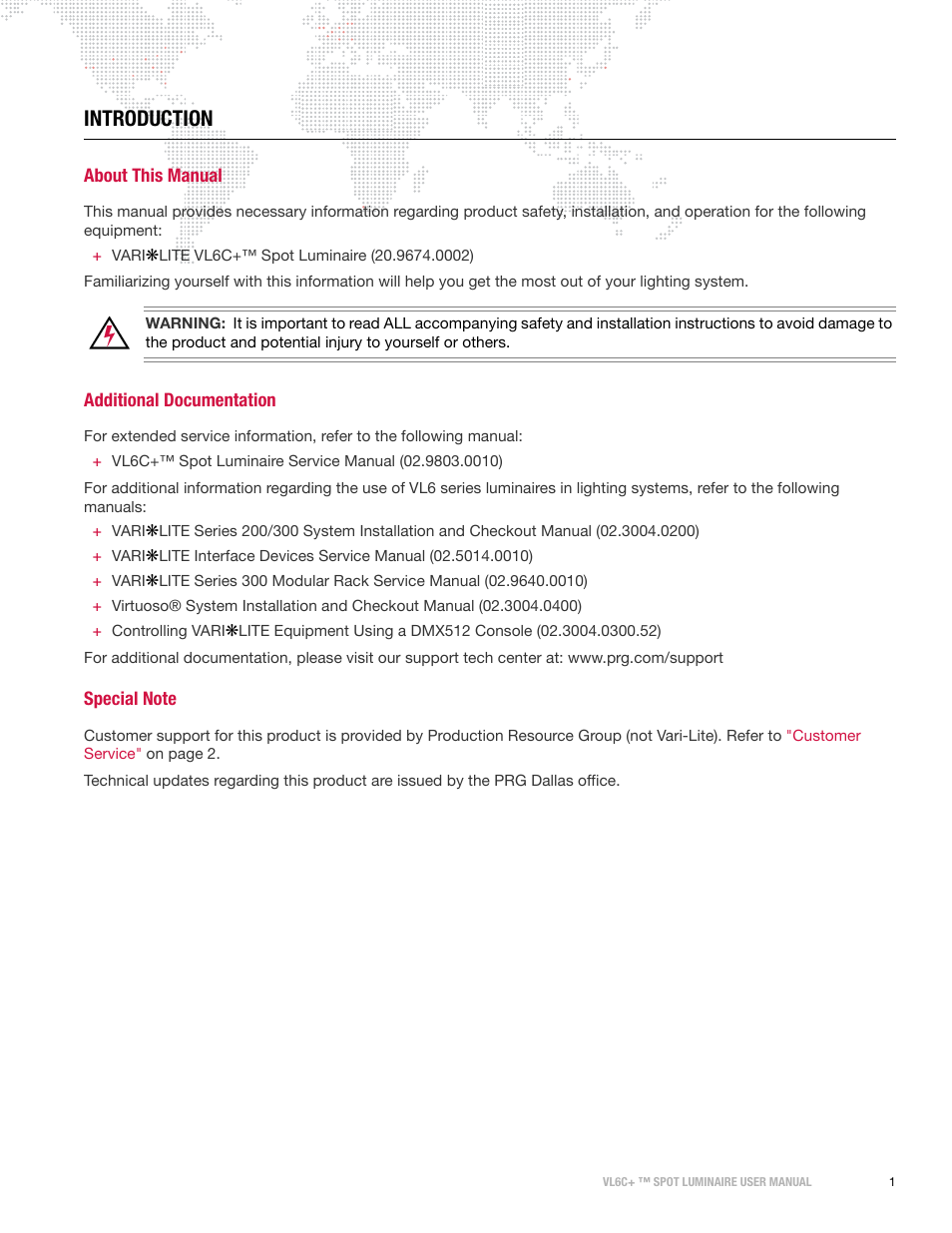 Introduction, About this manual, Additional documentation | Special note | PRG VL6C+ User Manual | Page 9 / 70