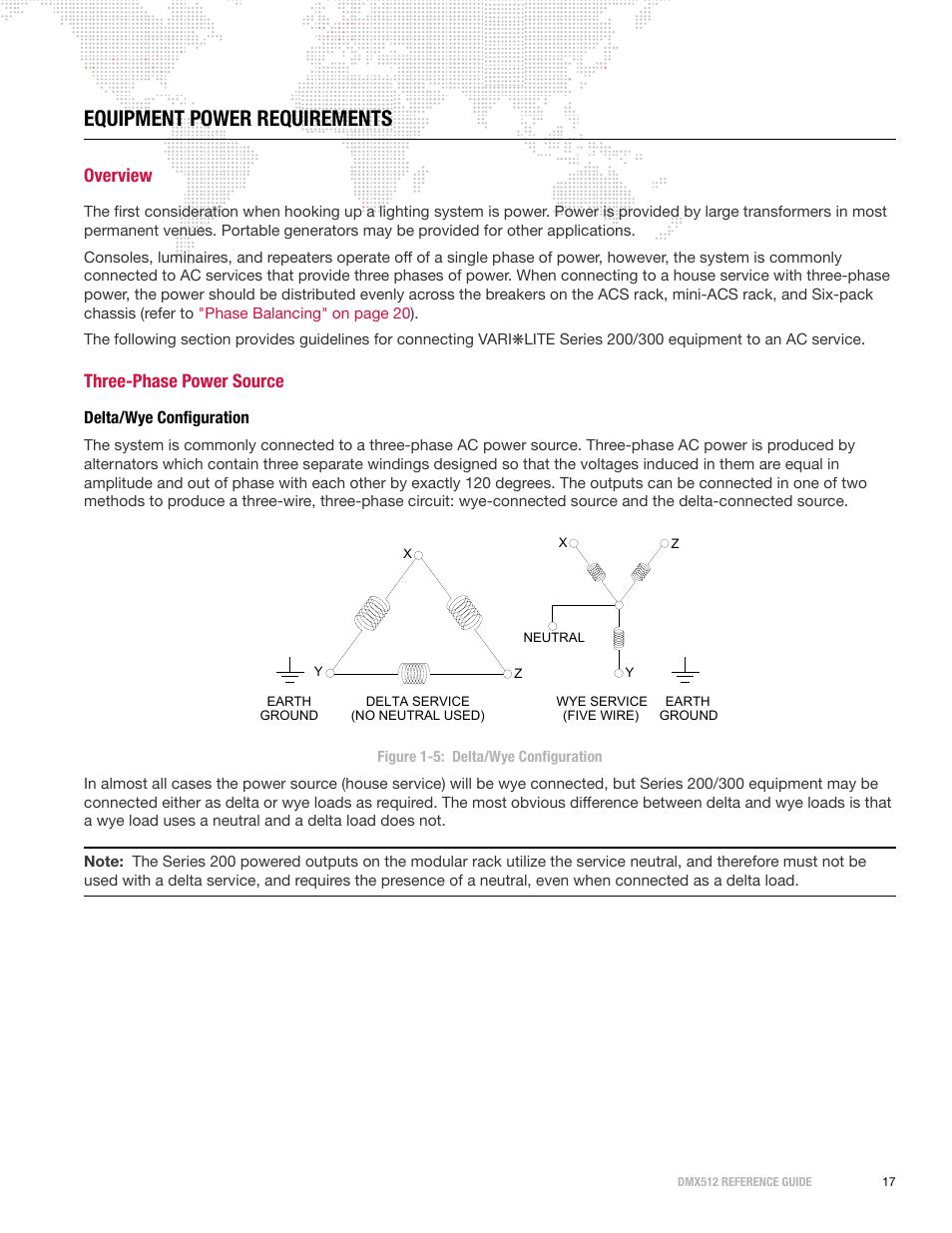 Equipment power requirements, Overview, Three-phase power source | Delta/wye configuration, Overview three-phase power source | PRG DMX Reference Guide 5.4 User Manual | Page 25 / 166