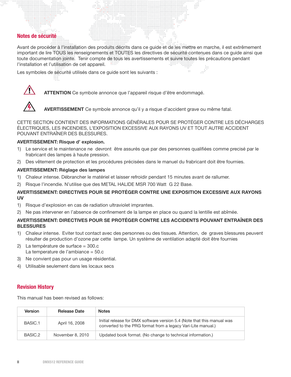 Notes de sécurité, Revision history | PRG DMX Reference Guide 5.4 User Manual | Page 4 / 166