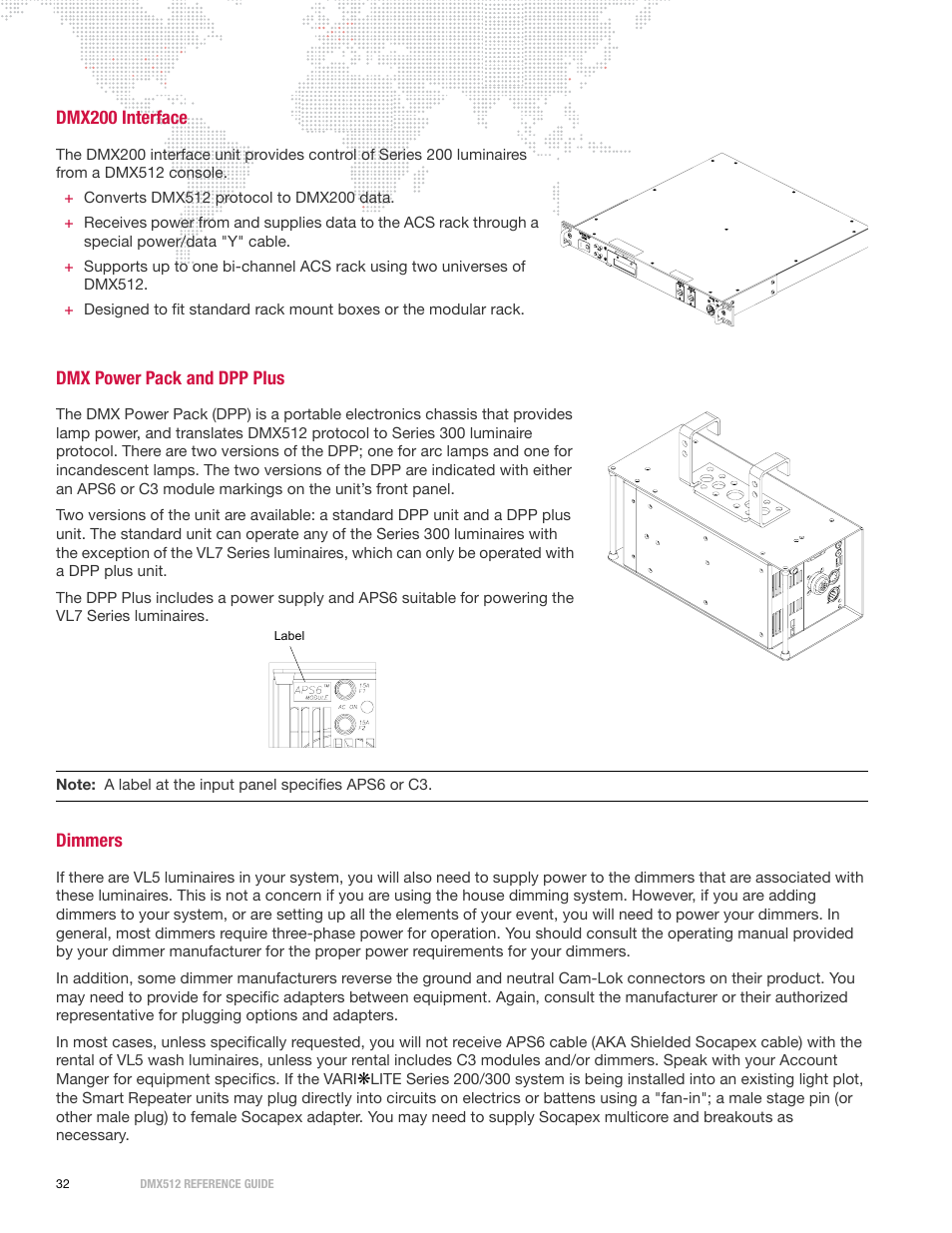 Dmx200 interface, Dmx power pack and dpp plus, Dimmers | PRG DMX Reference Guide 5.4 User Manual | Page 40 / 166