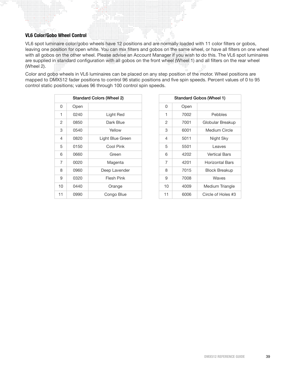 Vl6 color/gobo wheel control | PRG DMX Reference Guide 5.4 User Manual | Page 47 / 166