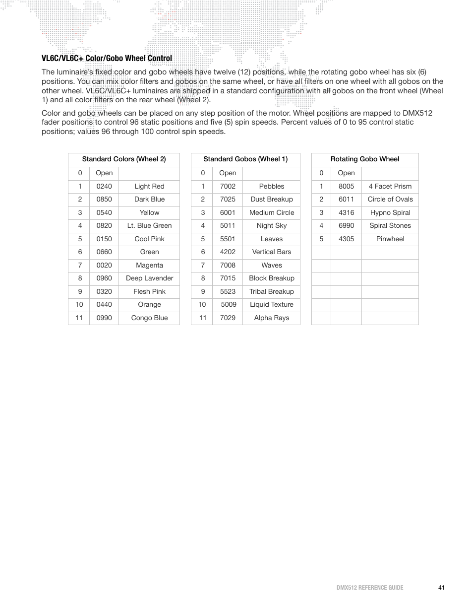 Vl6c/vl6c+ color/gobo wheel control | PRG DMX Reference Guide 5.4 User Manual | Page 49 / 166