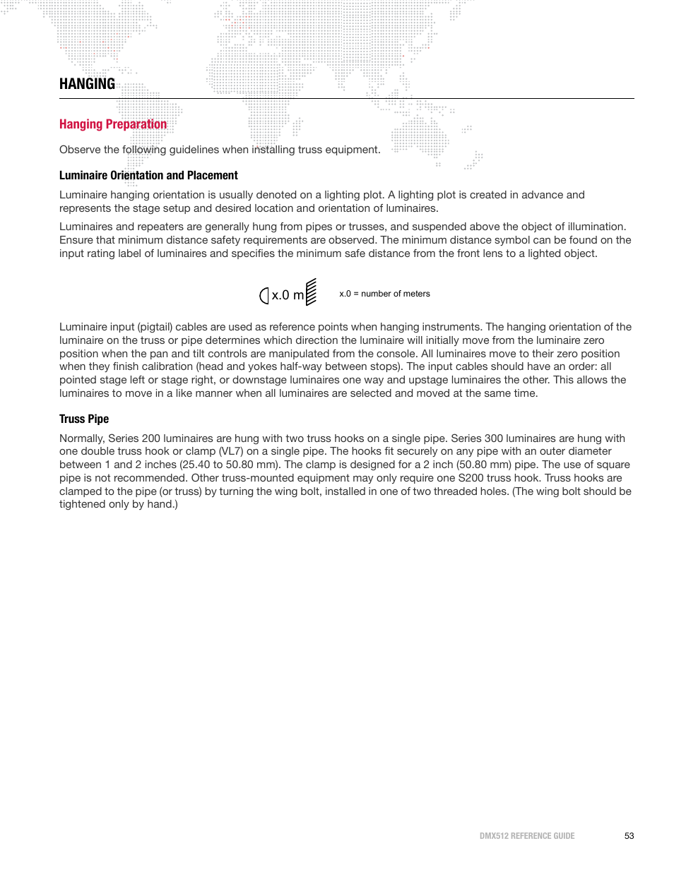 Hanging, Hanging preparation, Luminaire orientation and placement | Truss pipe, Luminaire orientation and placement truss pipe | PRG DMX Reference Guide 5.4 User Manual | Page 61 / 166