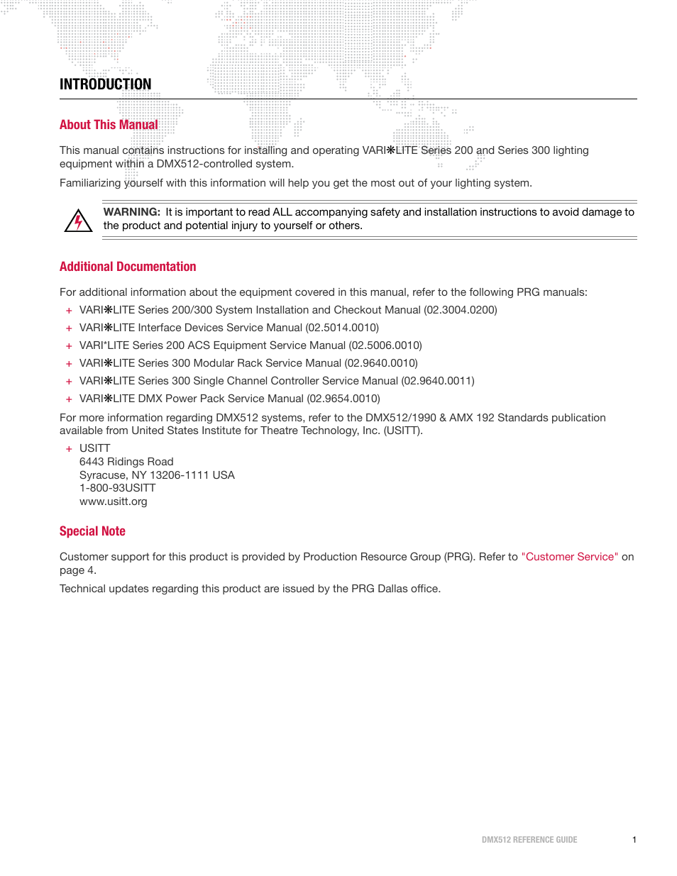 Introduction, About this manual, Additional documentation | Special note | PRG DMX Reference Guide 5.4 User Manual | Page 9 / 166