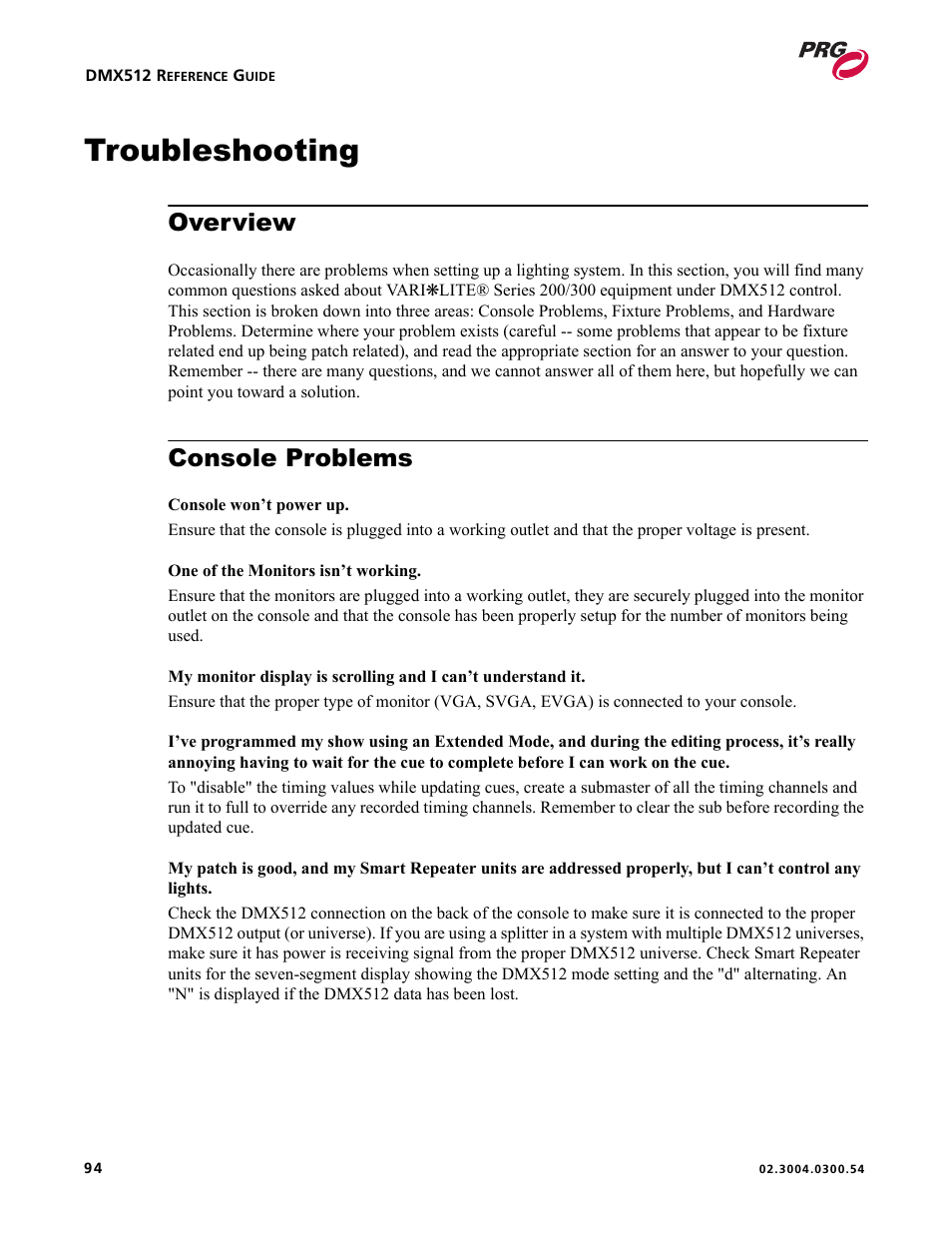 Troubleshooting, Overview, Console problems | Overview console problems | PRG Controlling VARI-LITE Equipment Using DMX 512 User Manual | Page 102 / 176
