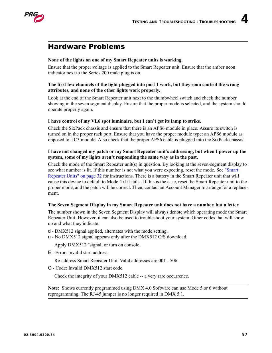 Hardware problems | PRG Controlling VARI-LITE Equipment Using DMX 512 User Manual | Page 105 / 176