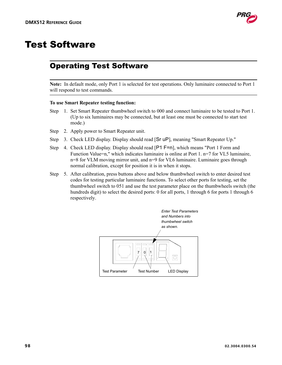Test software, Operating test software | PRG Controlling VARI-LITE Equipment Using DMX 512 User Manual | Page 106 / 176