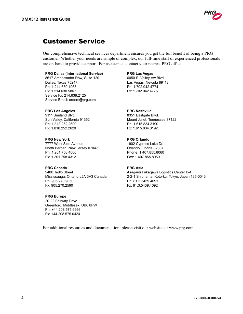 Customer service | PRG Controlling VARI-LITE Equipment Using DMX 512 User Manual | Page 12 / 176