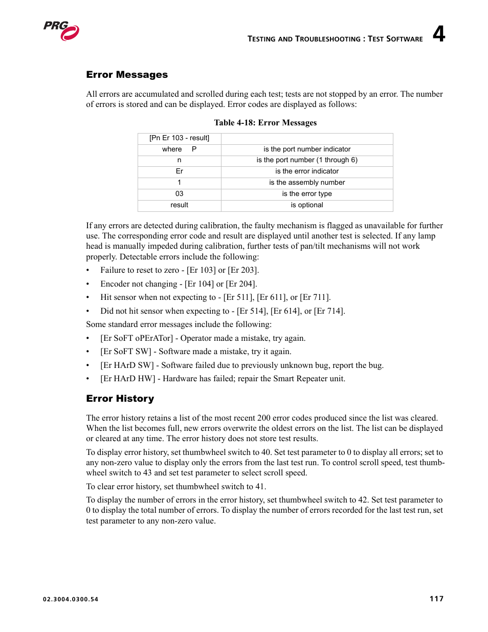 Error messages, Error history, Error messages error history | PRG Controlling VARI-LITE Equipment Using DMX 512 User Manual | Page 125 / 176