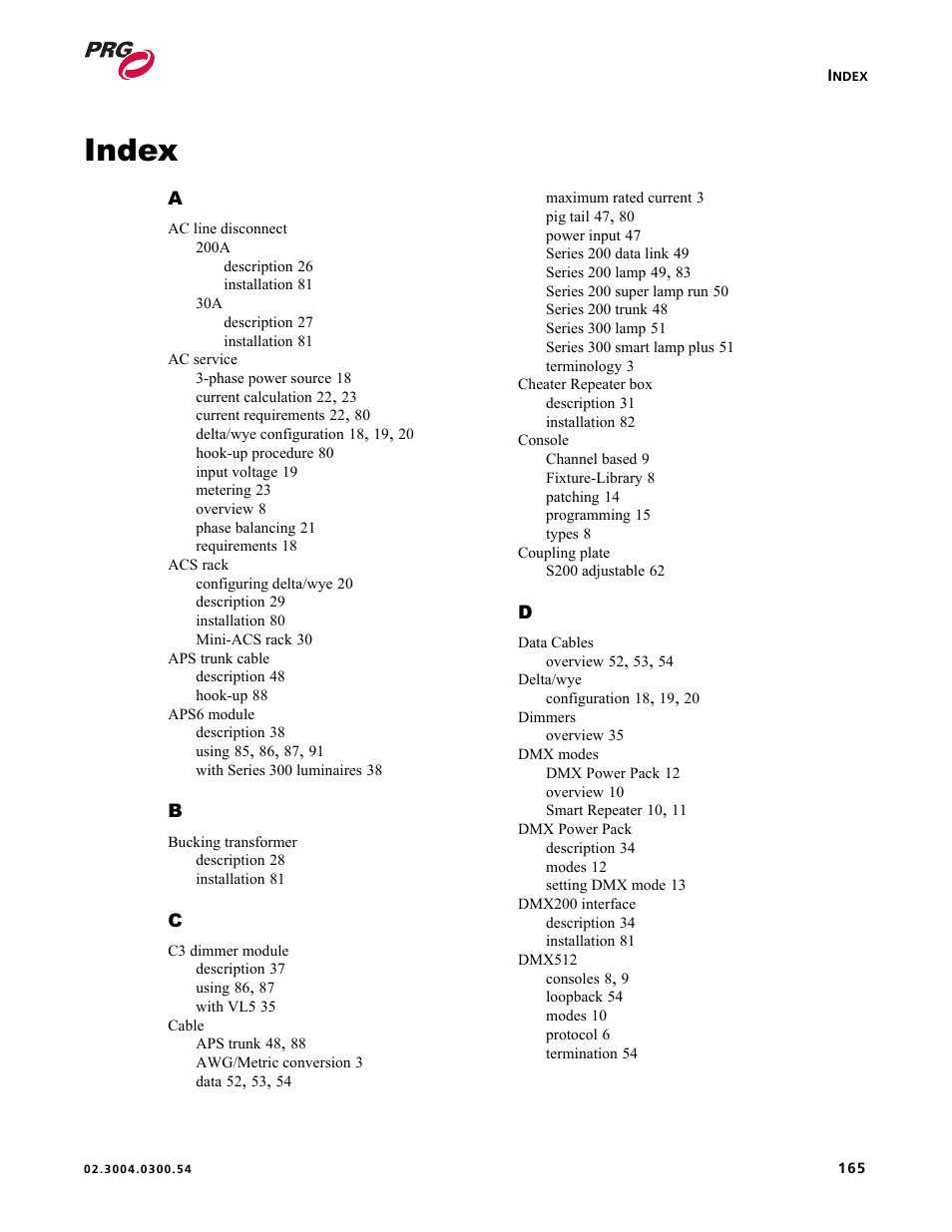 Index | PRG Controlling VARI-LITE Equipment Using DMX 512 User Manual | Page 173 / 176