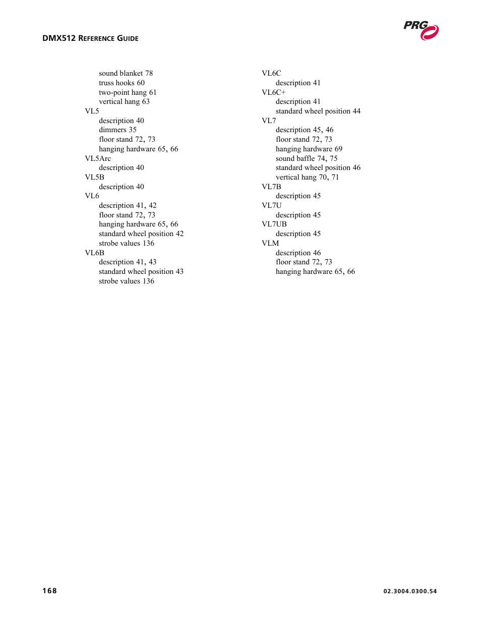 PRG Controlling VARI-LITE Equipment Using DMX 512 User Manual | Page 176 / 176