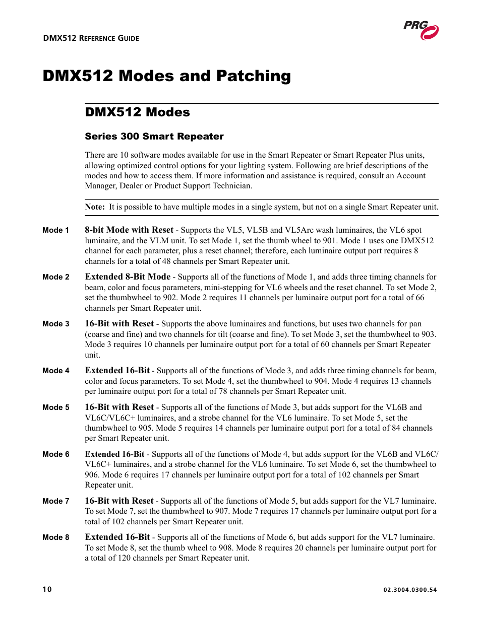 Dmx512 modes and patching, Dmx512 modes, Series 300 smart repeater | Ls, see | PRG Controlling VARI-LITE Equipment Using DMX 512 User Manual | Page 18 / 176