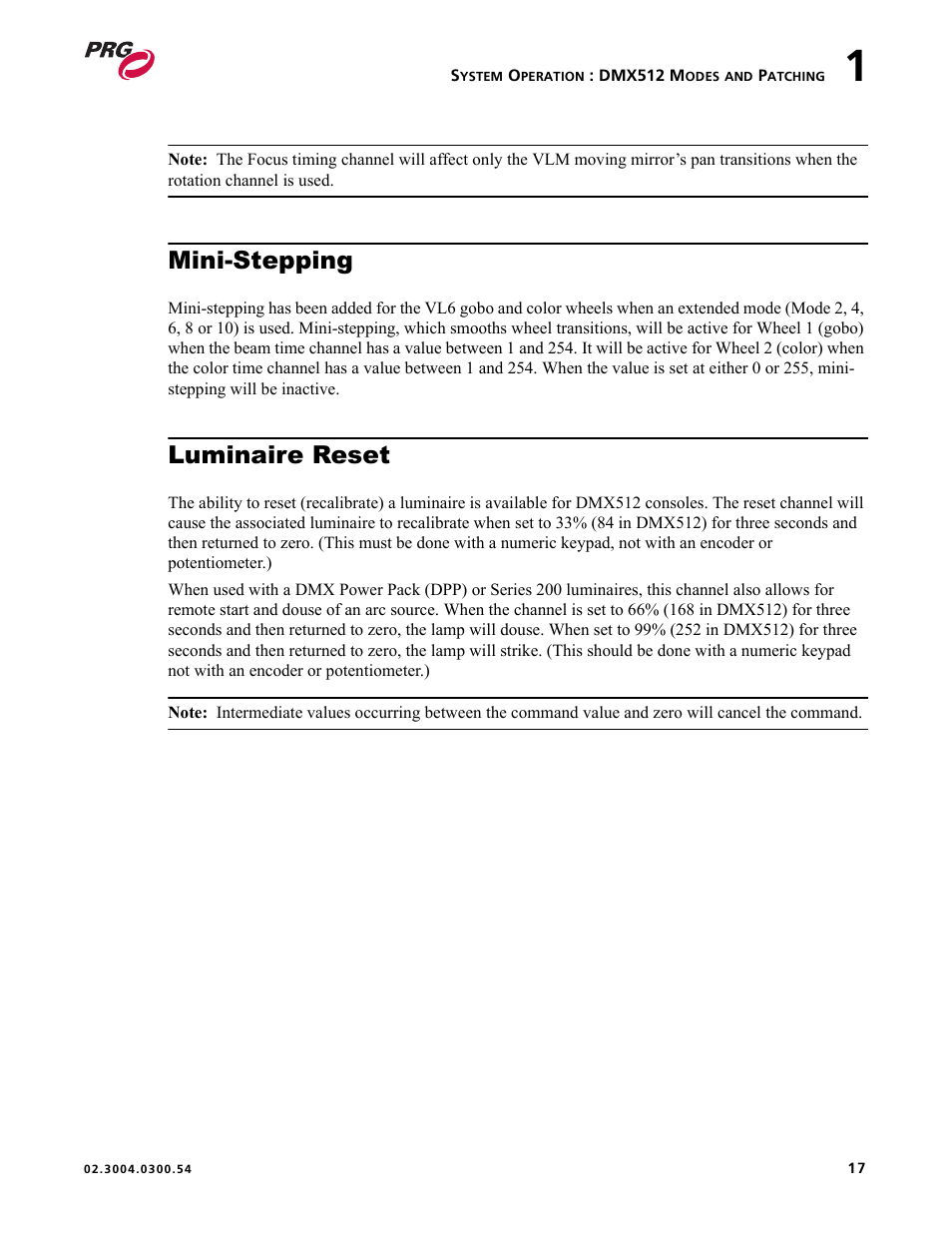 Mini-stepping, Luminaire reset, Mini-stepping luminaire reset | PRG Controlling VARI-LITE Equipment Using DMX 512 User Manual | Page 25 / 176