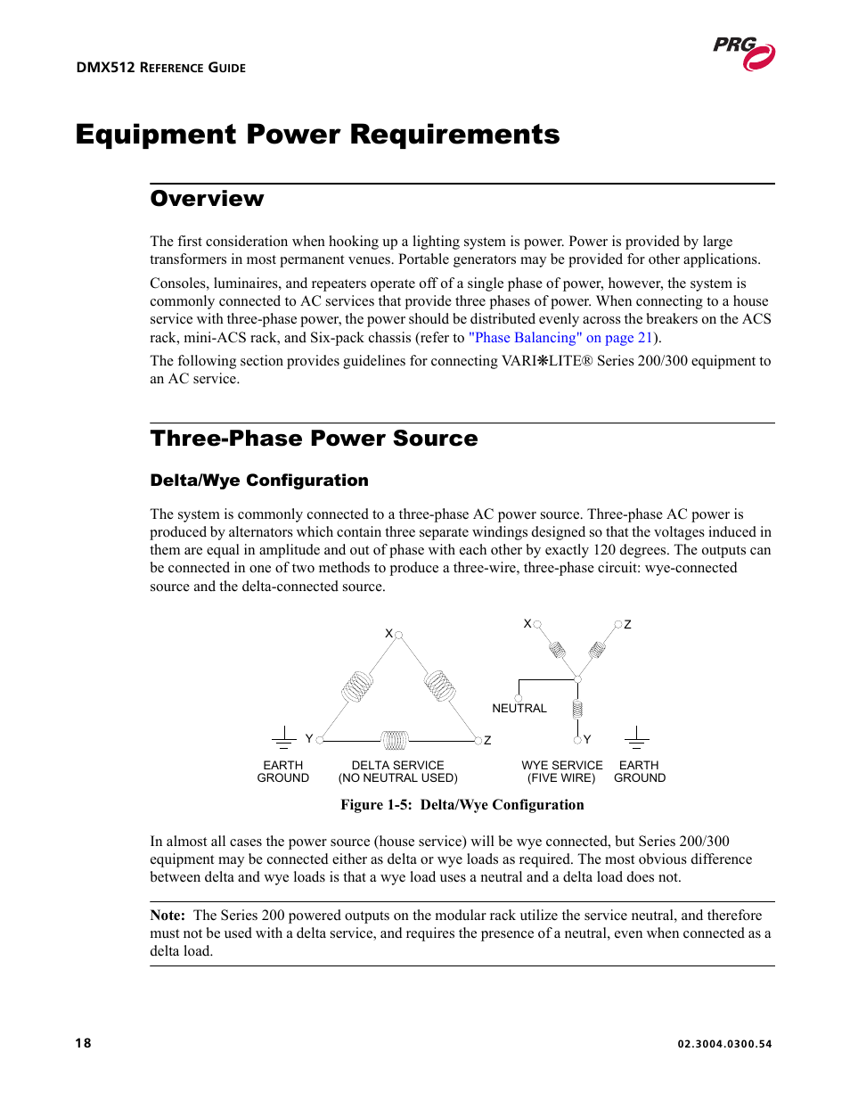 Equipment power requirements, Overview, Three-phase power source | Delta/wye configuration, Overview three-phase power source | PRG Controlling VARI-LITE Equipment Using DMX 512 User Manual | Page 26 / 176
