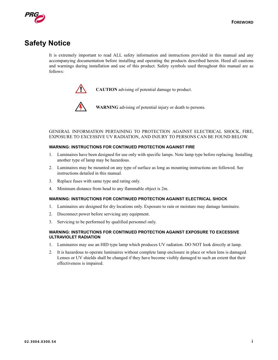 Safety notice | PRG Controlling VARI-LITE Equipment Using DMX 512 User Manual | Page 3 / 176